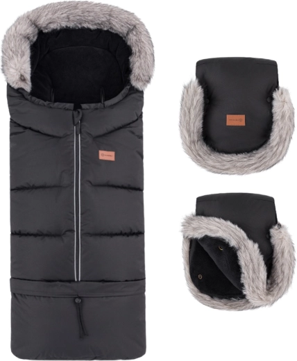 Petite&Mars zimní set: fusak Arctic 4v1 + rukavice na kočárek Furry forever black