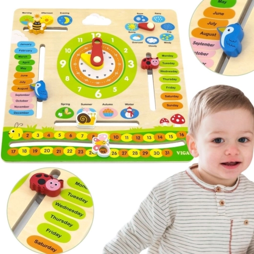 Dřevěný výukový kalendář s hodinami Viga – Anglicky