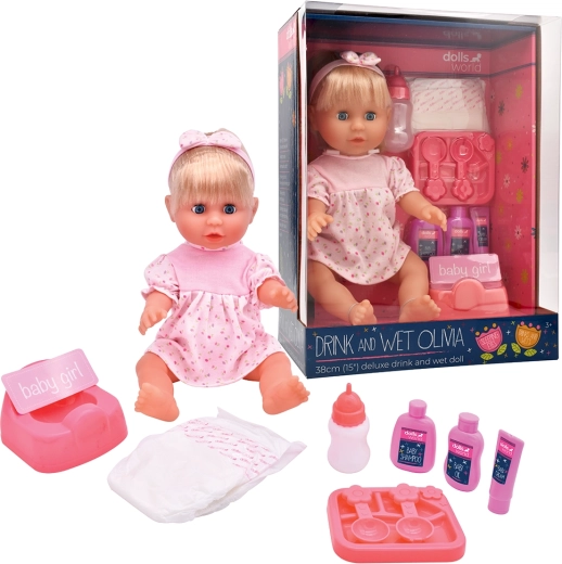 Dolls World panenka Olivia 38 cm pije a čůrá s příslušenstvím