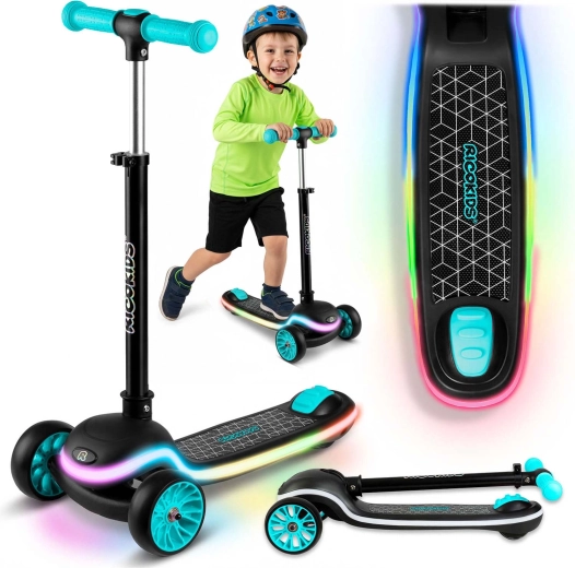 Tříkolová dětská balanční koloběžka s LED panelem Ricokids Leddi – černo‑tyrkysová