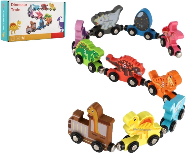 Dřevěný vláček s dinosaury na magnety, 10 ks