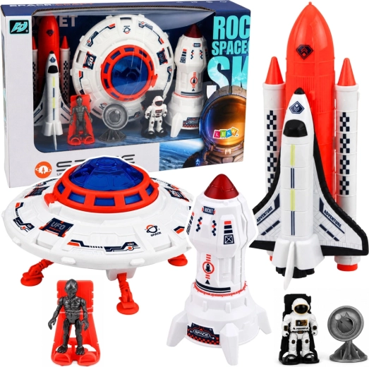 Kosmická sada hraček ufo, raketa, raketoplán, astronaut, mimozemšťan a anténa