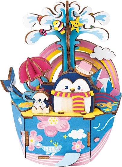 Dřevěné 3D puzzle Hrací skříňka Tučňák v oceánu