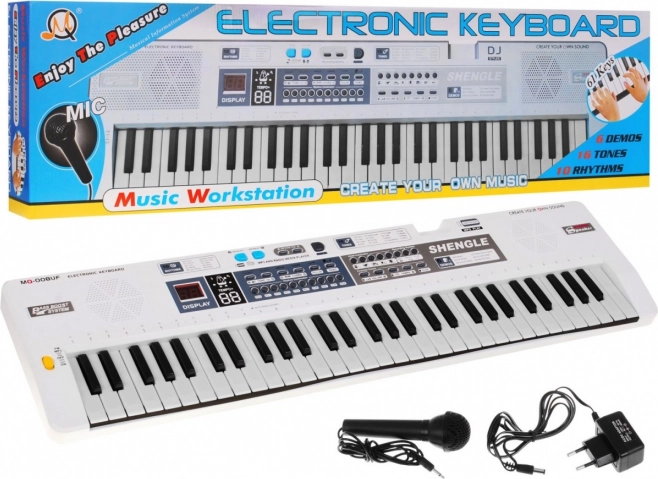 Bílý dětský klávesový set s mikrofonem, nahráváním a stereo reproduktory