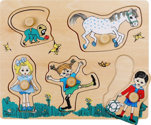 Dřevěné puzzle s úchyty a vkládačkou tvarů Pippi Dlouhá punčocha