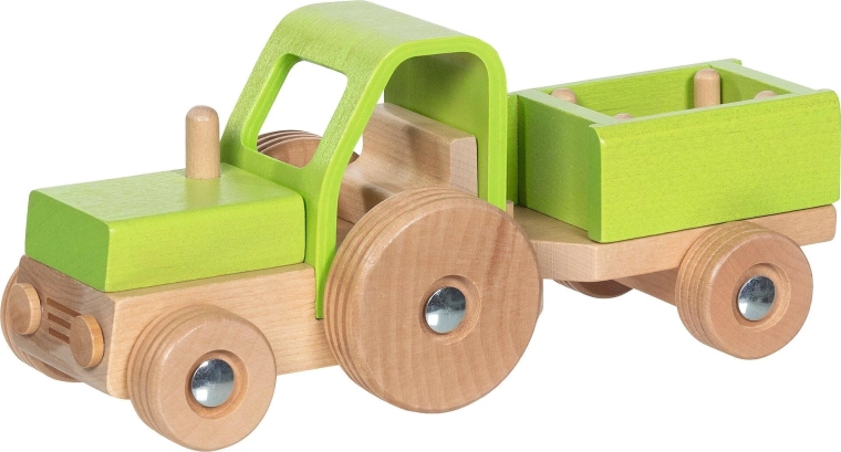 Dřevěný traktor s přívěsem Goki