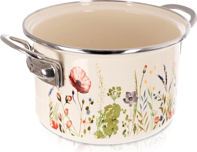 Smaltovaný hrnec krémový s motivem máků 18 cm, 2 l
