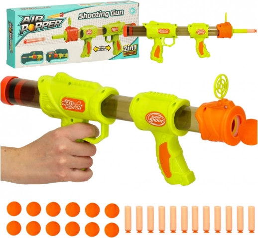Zelený 2v1 dětský blaster na pěnové kuličky a šipky