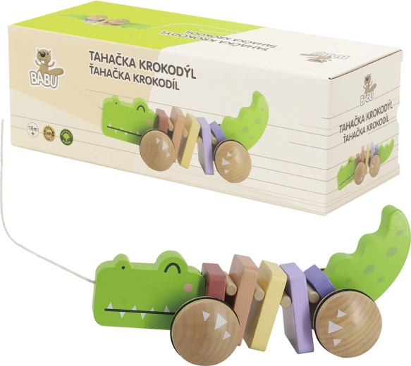 Babu tahací dřevěný krokodýl na provázku