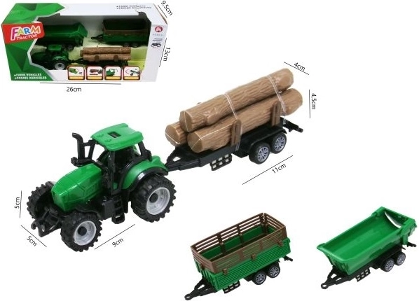 Zelený traktor se 3 přívěsy 18 cm