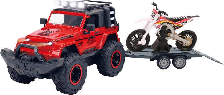 Terénní auto s přívěsem a motorkou se světelnými a zvukovými efekty 43 cm