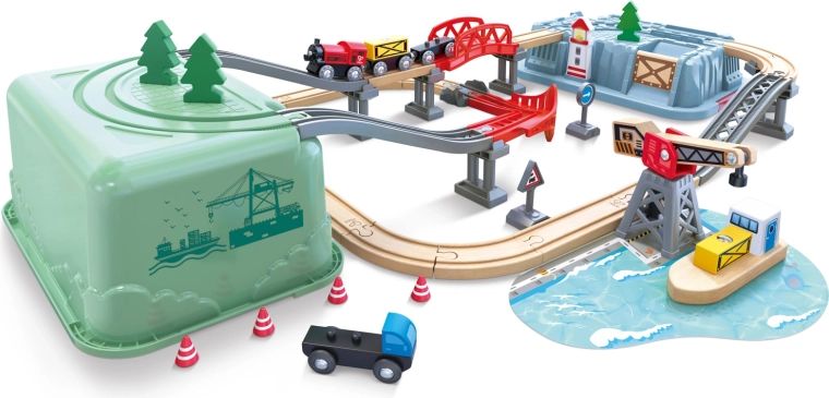 Vláčkodráha v boxu Přístaviště HAPE Railway Bucket Harbour Set