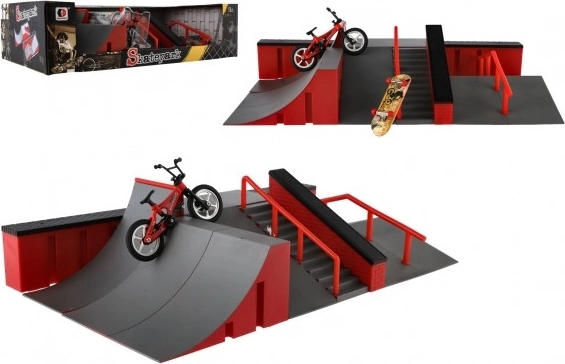 Skatepark prstový set s rampami, BMX kolem a skateboardem