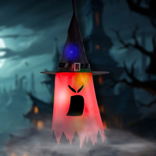 Halloweenská závěsná LED dekorace duch červená