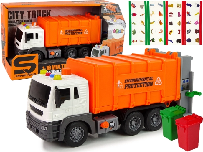 Oranžové třídicí popelářské auto 1:16 s frikčním pohonem a zvukovými efekty