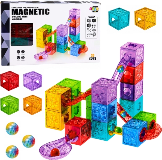 Magnetické stavebnice – barevné průhledné kostky s kuličkovou dráhou (33 dílů)