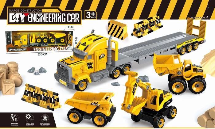 Nákladní auto – odtahovka se stavebními vozidly