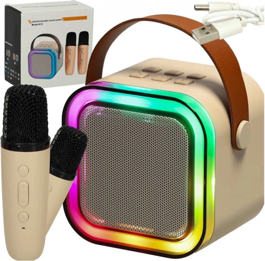 Karaoke set s bluetooth reproduktorem, 2 mikrofony a LED podsvícením 6 W – béžový