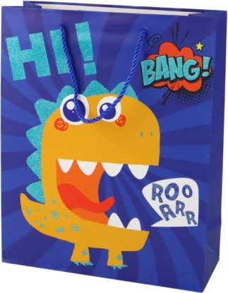 Papírová dárková taška dinosaurus, modrá 41,5 × 30 × 12 cm