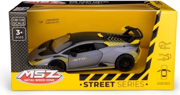 Model auta Lamborghini Huracán STO v měřítku 1:24, stříbrno-šedý