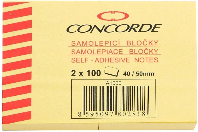Samolepicí bloček žlutý 40 × 50 mm CONCORDE, 2 × 100 listů