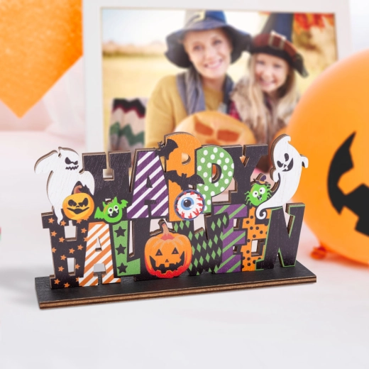 Halloweenská dřevěná dekorace na poličku Happy Halloween