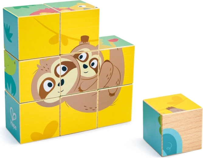 Dřevěné kostkové puzzle divoká zvířata Hape