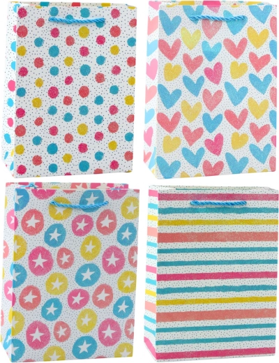 Barevná dárková taška srdce, hvězdičky, puntíky, pruhy