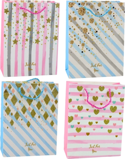 Papírová dárková taška modrá růžová s třpytkami 23 x 18 x 10,5 cm