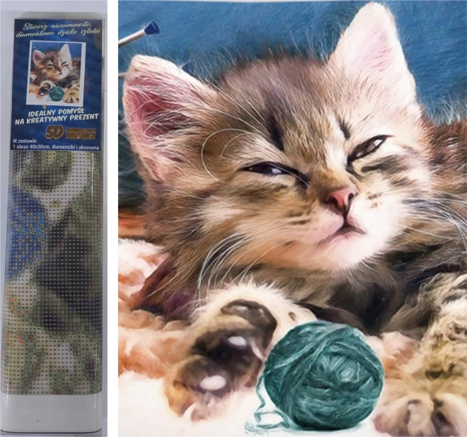 Diamantové malování – kotě s klubíčkem 30 × 40 cm