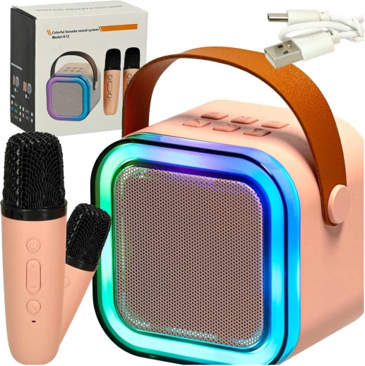 Karaoke sada s bluetooth reproduktorem, 2 bezdrátové mikrofony a LED podsvícením 6 W – růžová