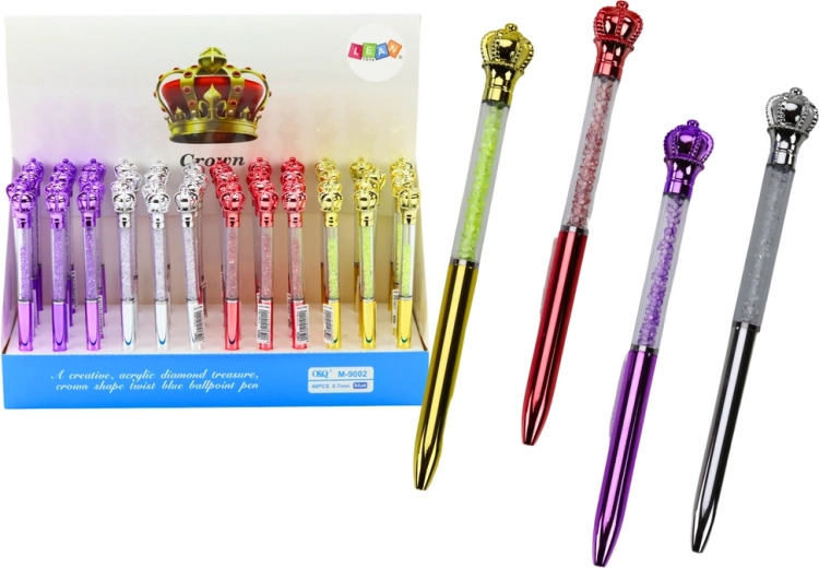 Kuličkové pero s korunkou a třpytivými kamínky, modrý inkoust 0,7 mm, mix barev