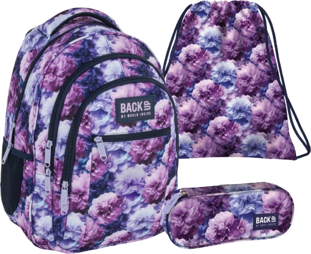 Školní set BackUP Violet Flowers 3v1 – batoh, penál a vak