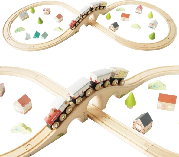 Le Toy Van dřevěná vláčkodráha s mostem a městečkem (40 dílů)