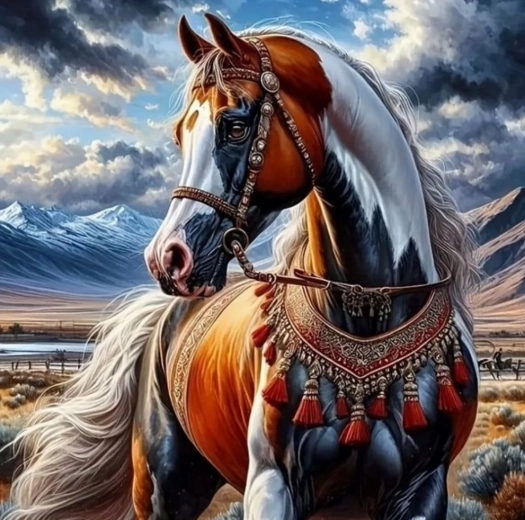 Malování podle čísel – kůň v indiánském postroji 40 × 50 cm