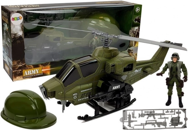 Vojenská sada s helikoptérou, helmou a vojákem