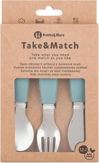 Petite&Mars sada dětských příborů z nerezové oceli Take&Match Frosted sky 12m+