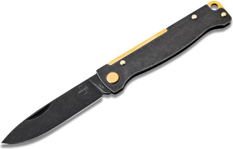 Kapesní nůž Böker Plus Atlas, 7,2 cm, černý povrch Blackwash, mosazné prvky
