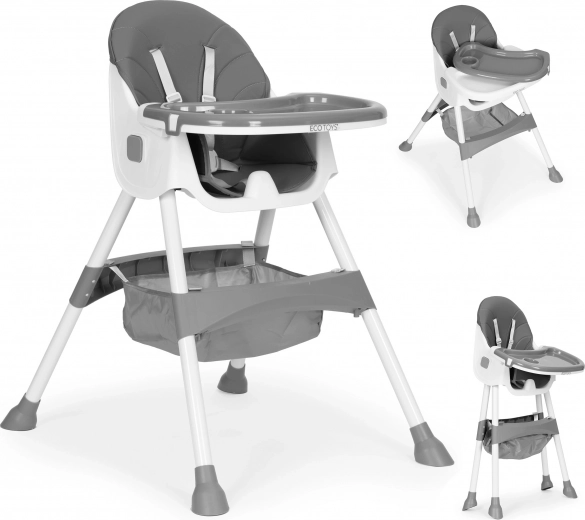 Jídelní židlička s podnosem a košíkem, 5bodový pás, ECOTOYS – Šedá