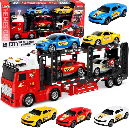 Transportní kamion – autotransportér s 4 sportovními auty, světla a zvuky