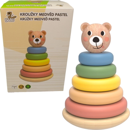 Babu dřevěná skládací pyramida s pastelovými kroužky medvěd