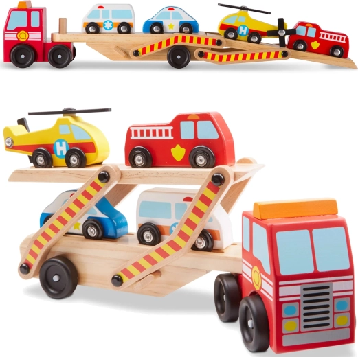 Melissa & Doug dřevěný transportér záchranných vozidel s autíčky (6 dílů)