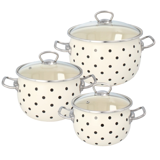 Sada 3 smaltovaných hrnců s poklicemi, bílé puntíky 2,5 l, 3,5 l, 5 l
