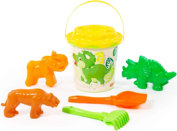 Dětská sada na písek Dino – kyblík, lopatka, hrabičky a formičky