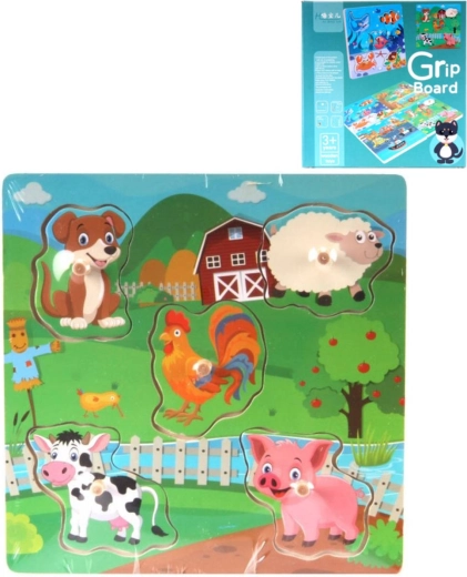 Dřevěné vkládací puzzle s úchyty na desce 5 dílků - 1 kus