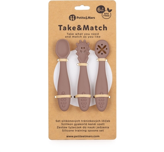 Petite&Mars sada 3 silikonových tréninkových lžiček Take&Match velvet latte 6m+