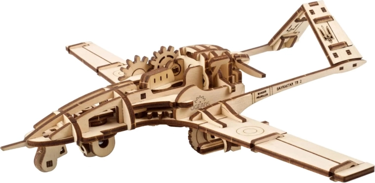 Ugears 3D dřevěné mechanické puzzle bojový dron Bayraktar TB2