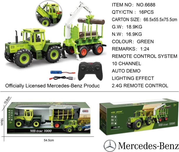 Zelený RC traktor Mercedes-Benz s přívěsem na dřevo a jeřábem 1:24