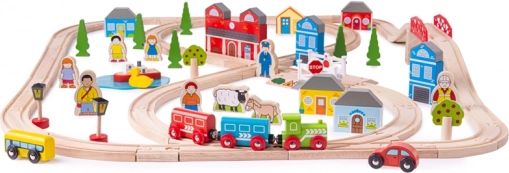 Dřevěná vláčkodráha město a vesnice BIGJIGS RAIL, 91 dílů