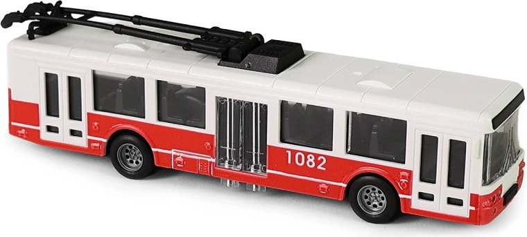 Červený trolejbus na setrvačník s otevíracími dveřmi